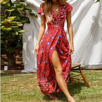 Women's Floral Wrap Maxi Dress with Flutter Sleeves and V-Neck - Maisie London