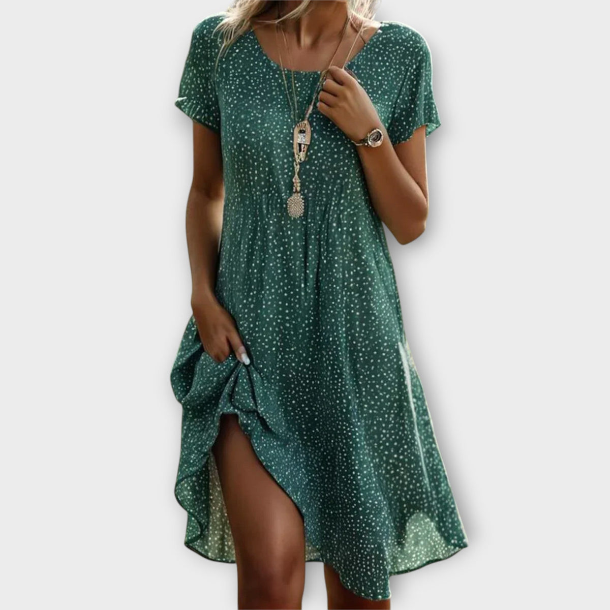 Women's Green Spot Print Knee-Length Dress with Short Sleeves - Maisie London