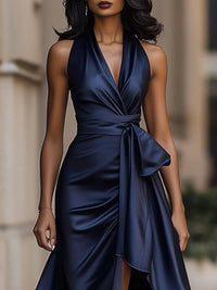 Women's Satin Halterneck Wrap Maxi Dress with Ruffle Hem and Belt - Maisie London