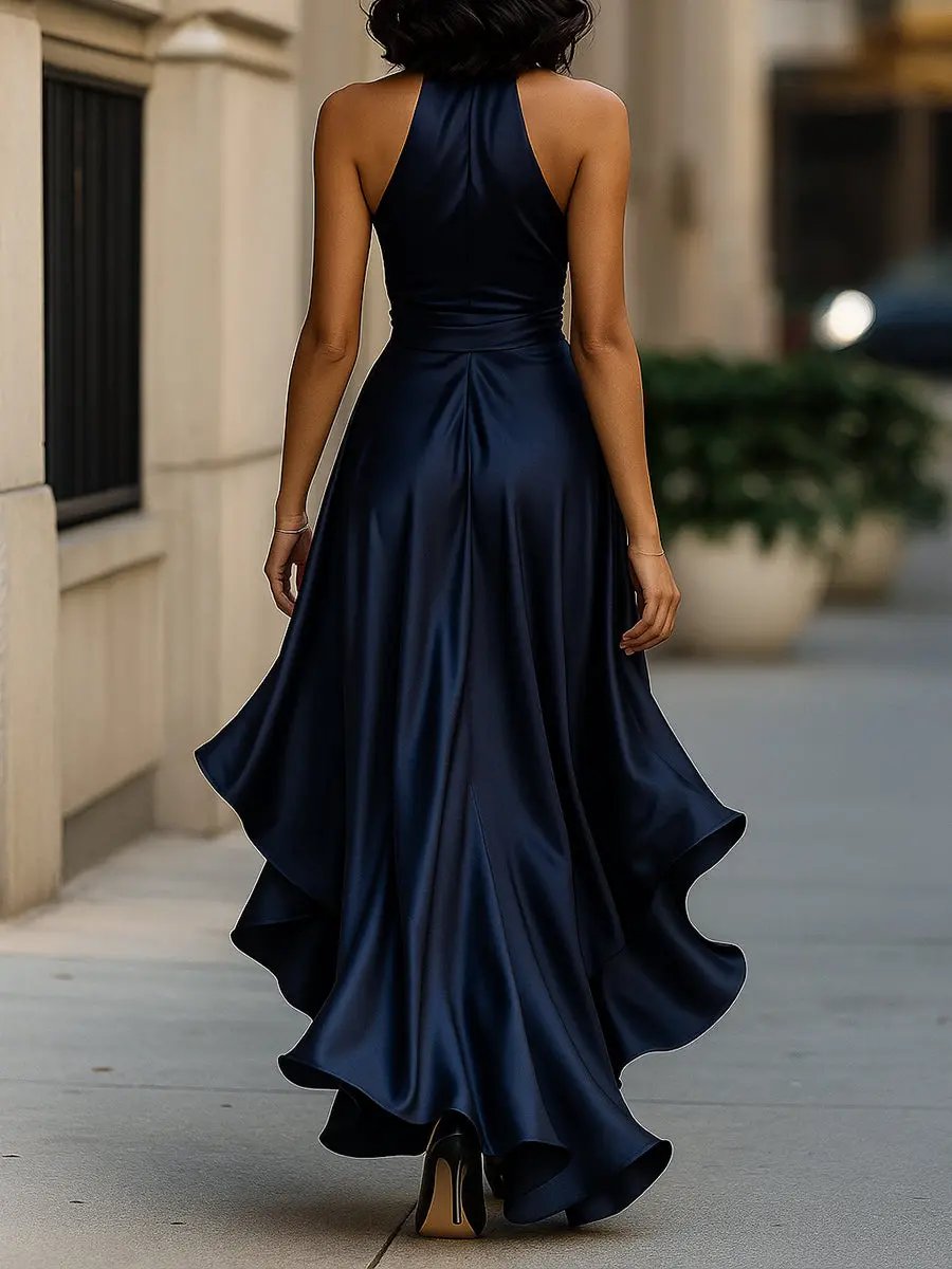 Women's Satin Halterneck Wrap Maxi Dress with Ruffle Hem and Belt - Maisie London