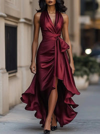Women's Satin Halterneck Wrap Maxi Dress with Ruffle Hem and Belt - Maisie London