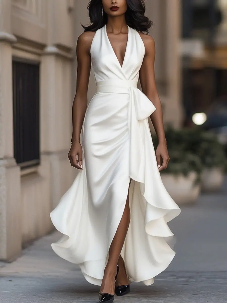Women's Satin Halterneck Wrap Maxi Dress with Ruffle Hem and Belt - Maisie London