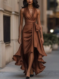 Women's Satin Halterneck Wrap Maxi Dress with Ruffle Hem and Belt - Maisie London