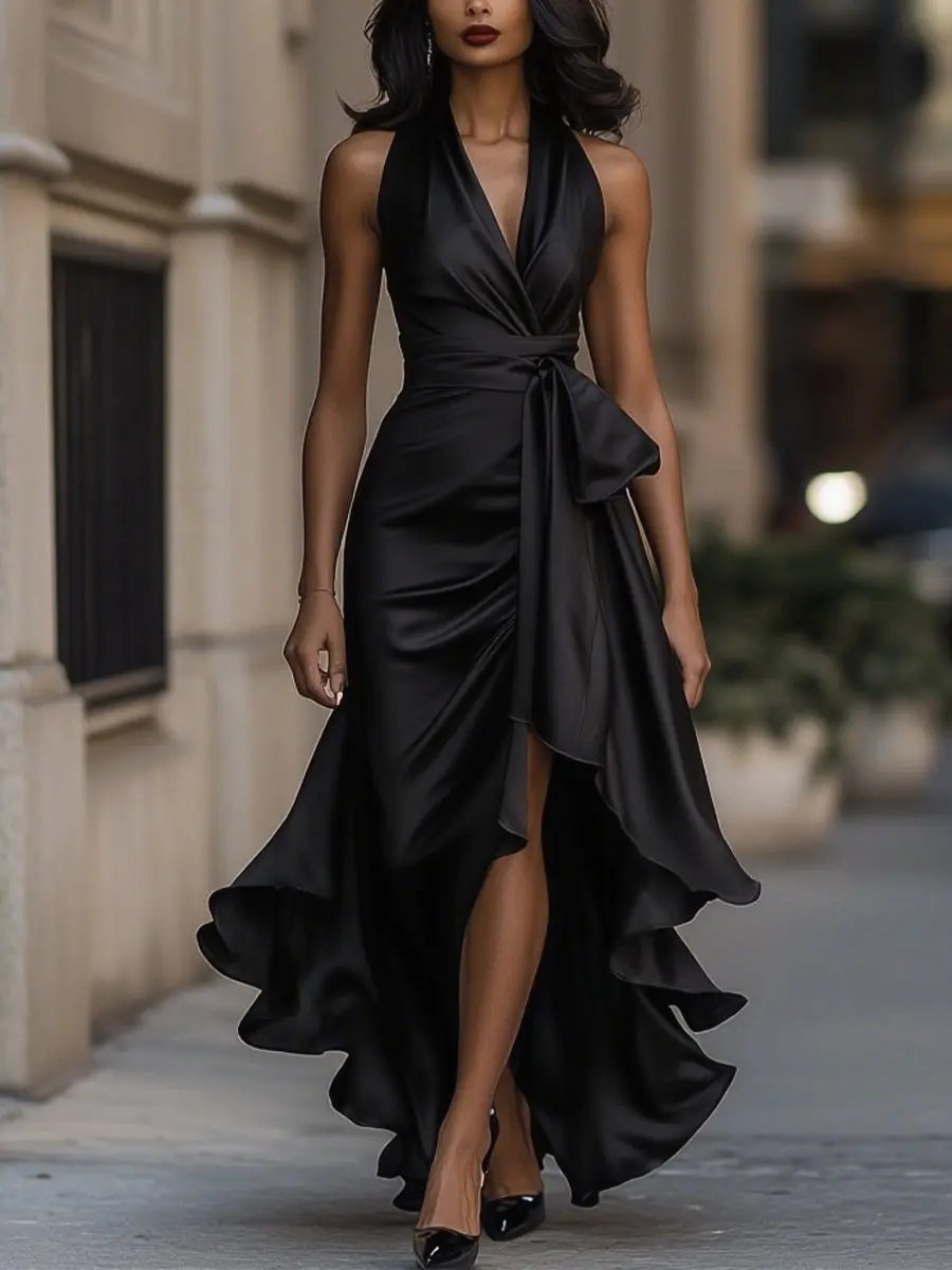 Women's Satin Halterneck Wrap Maxi Dress with Ruffle Hem and Belt - Maisie London