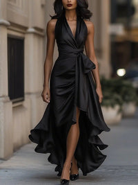 Women's Satin Halterneck Wrap Maxi Dress with Ruffle Hem and Belt - Maisie London