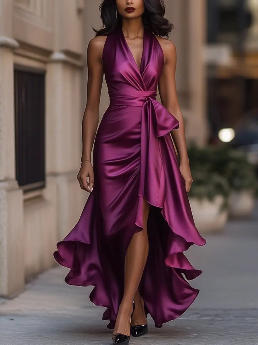 Women's Satin Halterneck Wrap Maxi Dress with Ruffle Hem and Belt - Maisie London