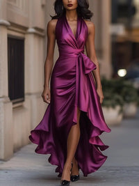 Women's Satin Halterneck Wrap Maxi Dress with Ruffle Hem and Belt - Maisie London