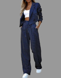 Women's Pinstripe Wide-Leg Trouser Set with Cropped Blazer - Maisie London