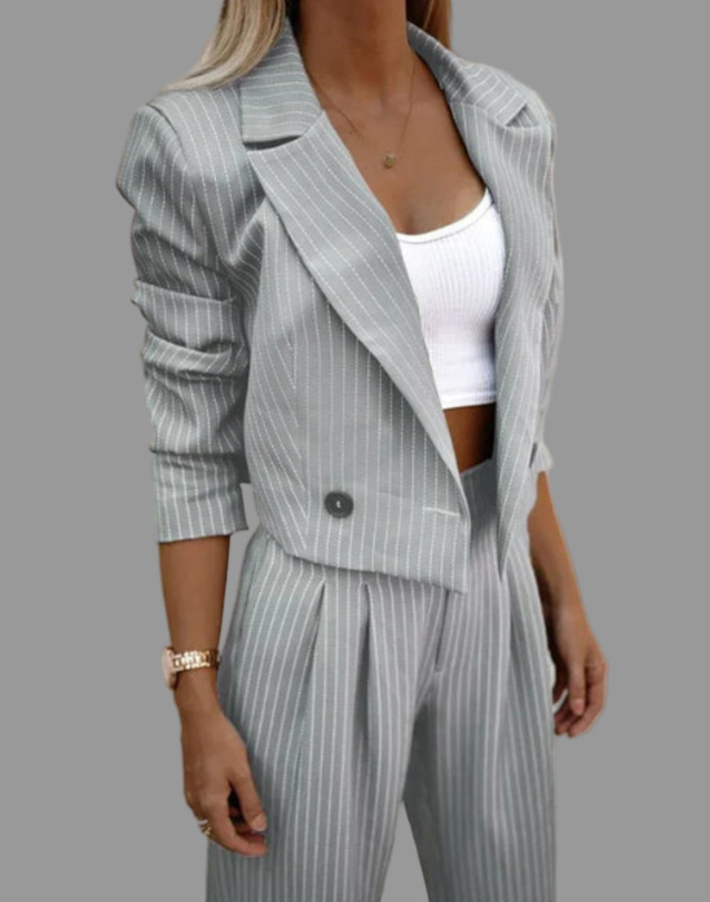 Women's Pinstripe Wide-Leg Trouser Set with Cropped Blazer - Maisie London