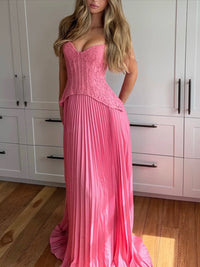 Women's Lace Halterneck Maxi Dress with Pleated Skirt and V-Neck - Maisie London