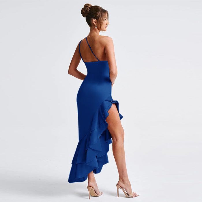 Women's Satin One-Shoulder Maxi Dress with Ruffle Hem and Split - Maisie London