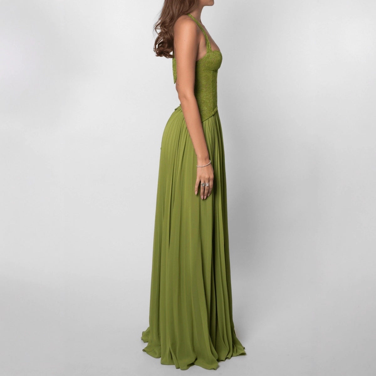 Women's Lace Halterneck Maxi Dress with Pleated Skirt and V-Neck - Maisie London