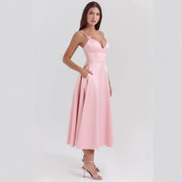 Women's Pink Satin Fit-and-Flare Midi Dress with Bow Straps - Maisie London