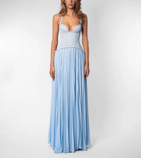 Women's Lace Halterneck Maxi Dress with Pleated Skirt and V-Neck - Maisie London