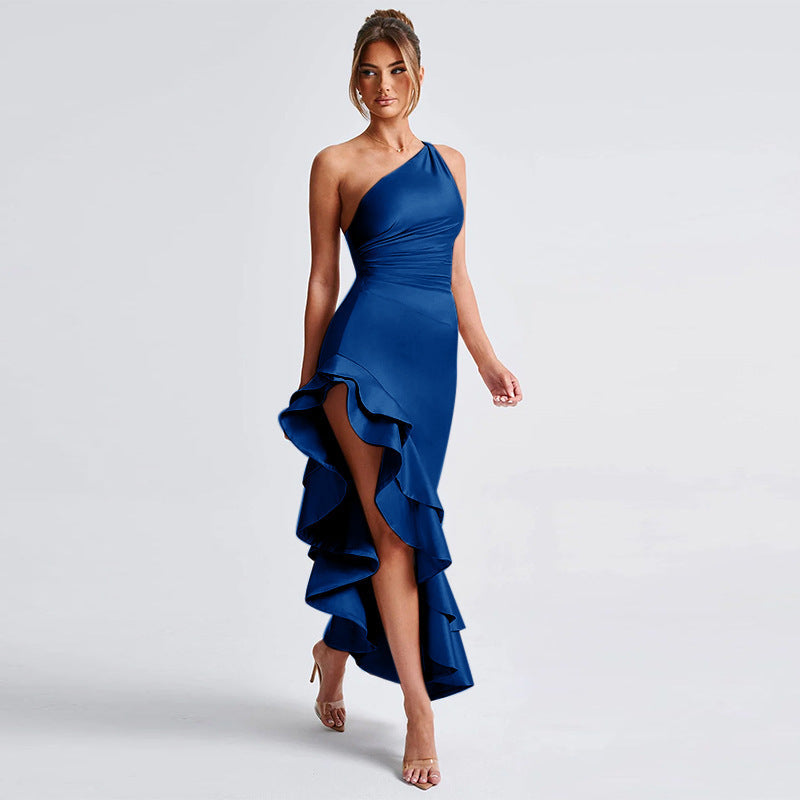 Women's Satin One-Shoulder Maxi Dress with Ruffle Hem and Split - Maisie London