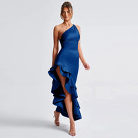 Women's Satin One-Shoulder Maxi Dress with Ruffle Hem and Split - Maisie London
