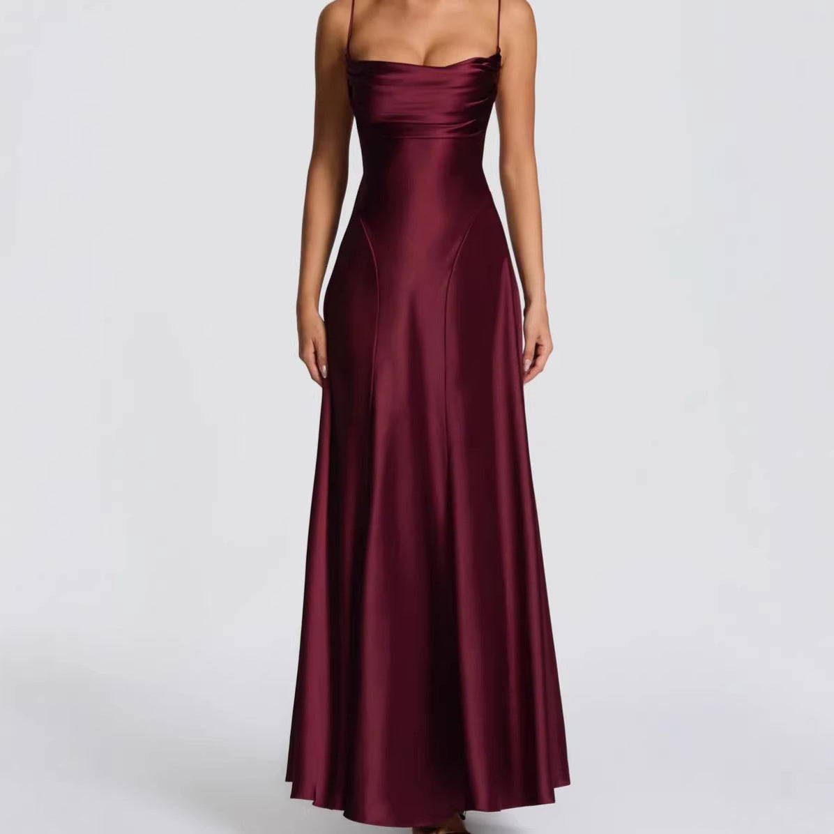 Women's Satin A-Line Maxi Dress with Cowl Neck and Lace-Up Back - Maisie London