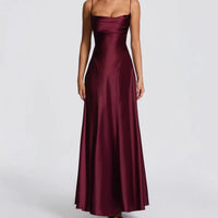 Women's Satin A-Line Maxi Dress with Cowl Neck and Lace-Up Back - Maisie London