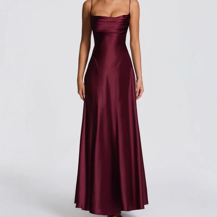 Women's Satin A-Line Maxi Dress with Cowl Neck and Lace-Up Back - Maisie London