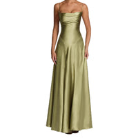 Women's Satin A-Line Maxi Dress with Cowl Neck and Lace-Up Back - Maisie London