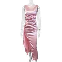 Women's Light Pink Satin Maxi Dress with Side Split and Ruching - Maisie London