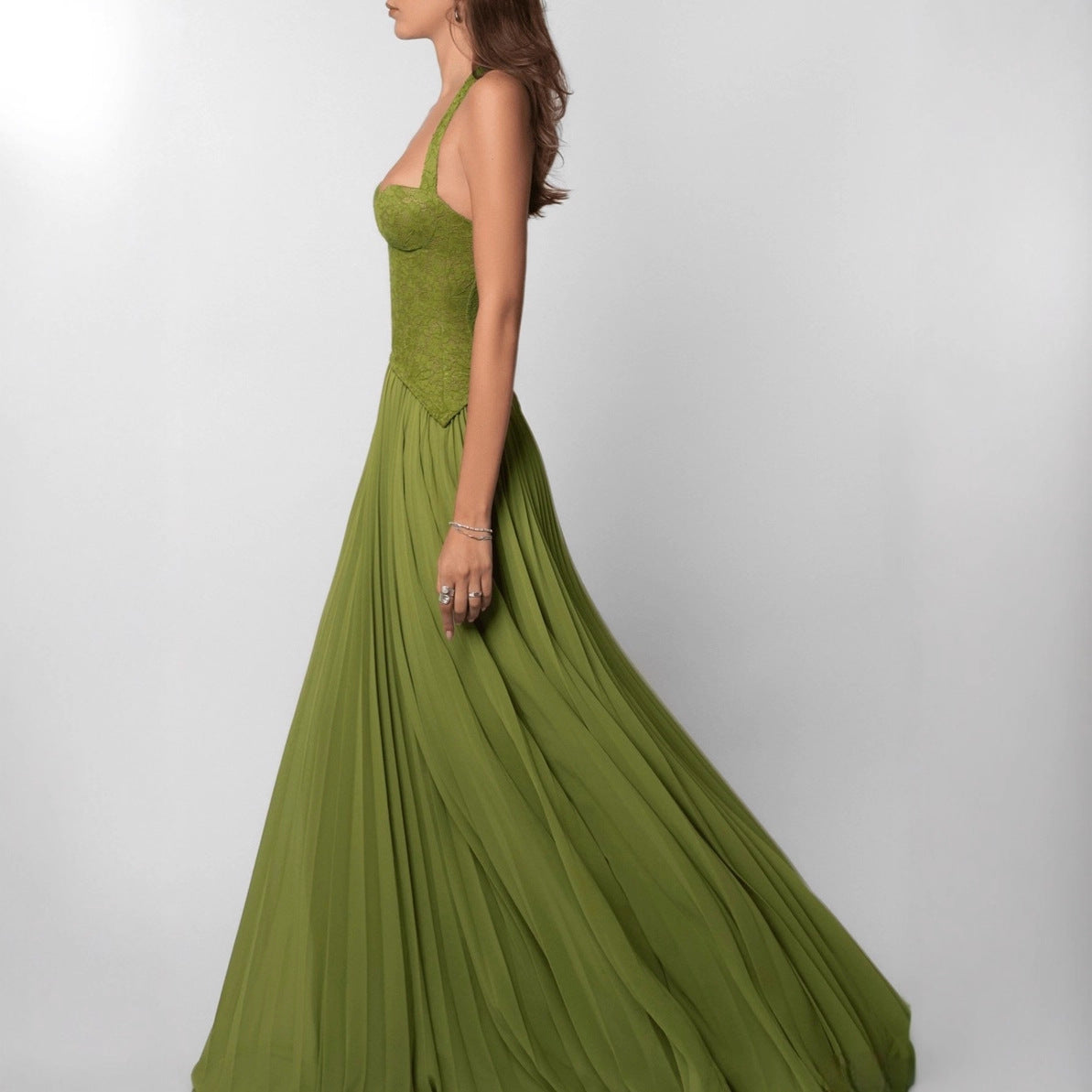 Women's Lace Halterneck Maxi Dress with Pleated Skirt and V-Neck - Maisie London