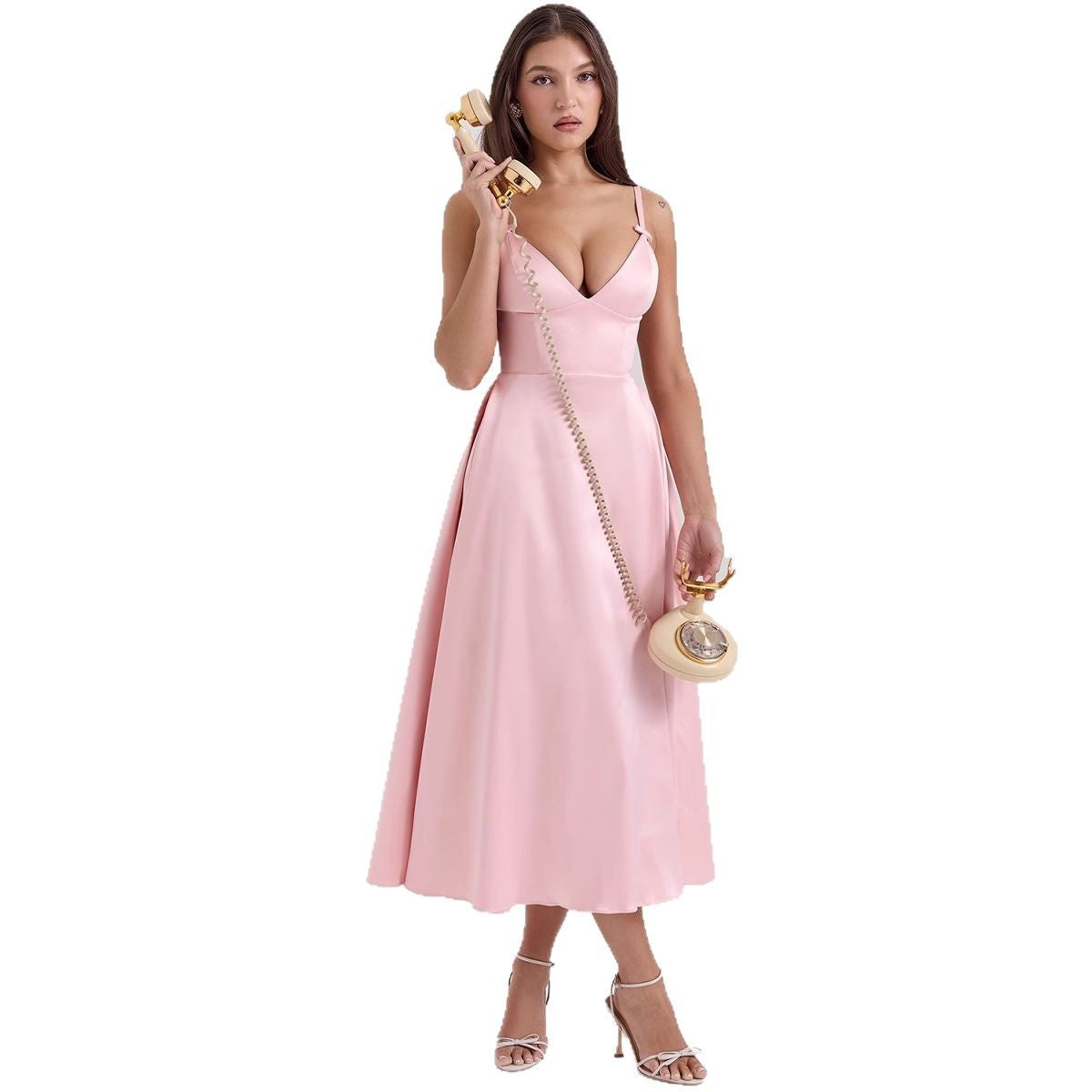 Women's Pink Satin Fit-and-Flare Midi Dress with Bow Straps - Maisie London