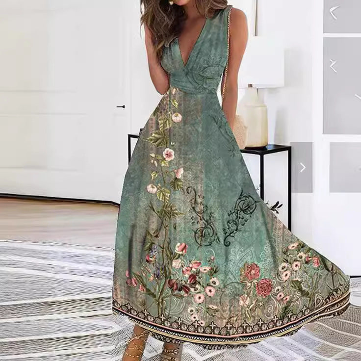 Women's Floral A-Line Maxi Dress with V-Neck and Ruched Waist - Maisie London