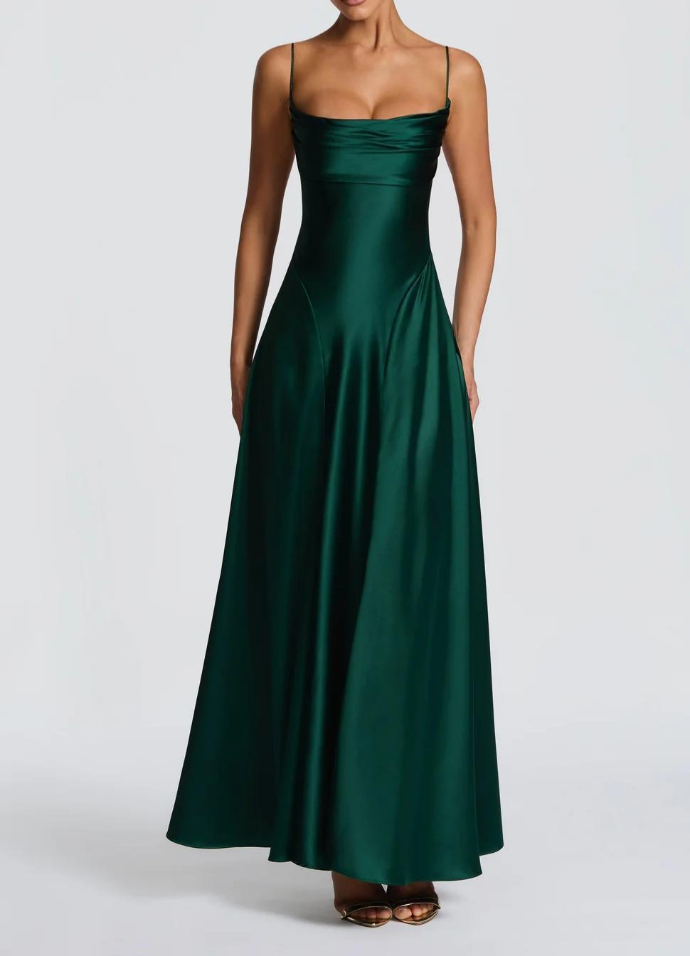 Women's Satin A-Line Maxi Dress with Cowl Neck and Lace-Up Back - Maisie London