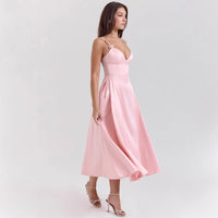 Women's Pink Satin Fit-and-Flare Midi Dress with Bow Straps - Maisie London