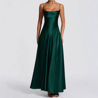 Women's Satin A-Line Maxi Dress with Cowl Neck and Lace-Up Back - Maisie London
