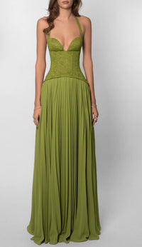 Women's Lace Halterneck Maxi Dress with Pleated Skirt and V-Neck - Maisie London