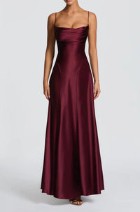 Women's Satin A-Line Maxi Dress with Cowl Neck and Lace-Up Back - Maisie London