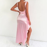 Women's Light Pink Satin Maxi Dress with Side Split and Ruching - Maisie London