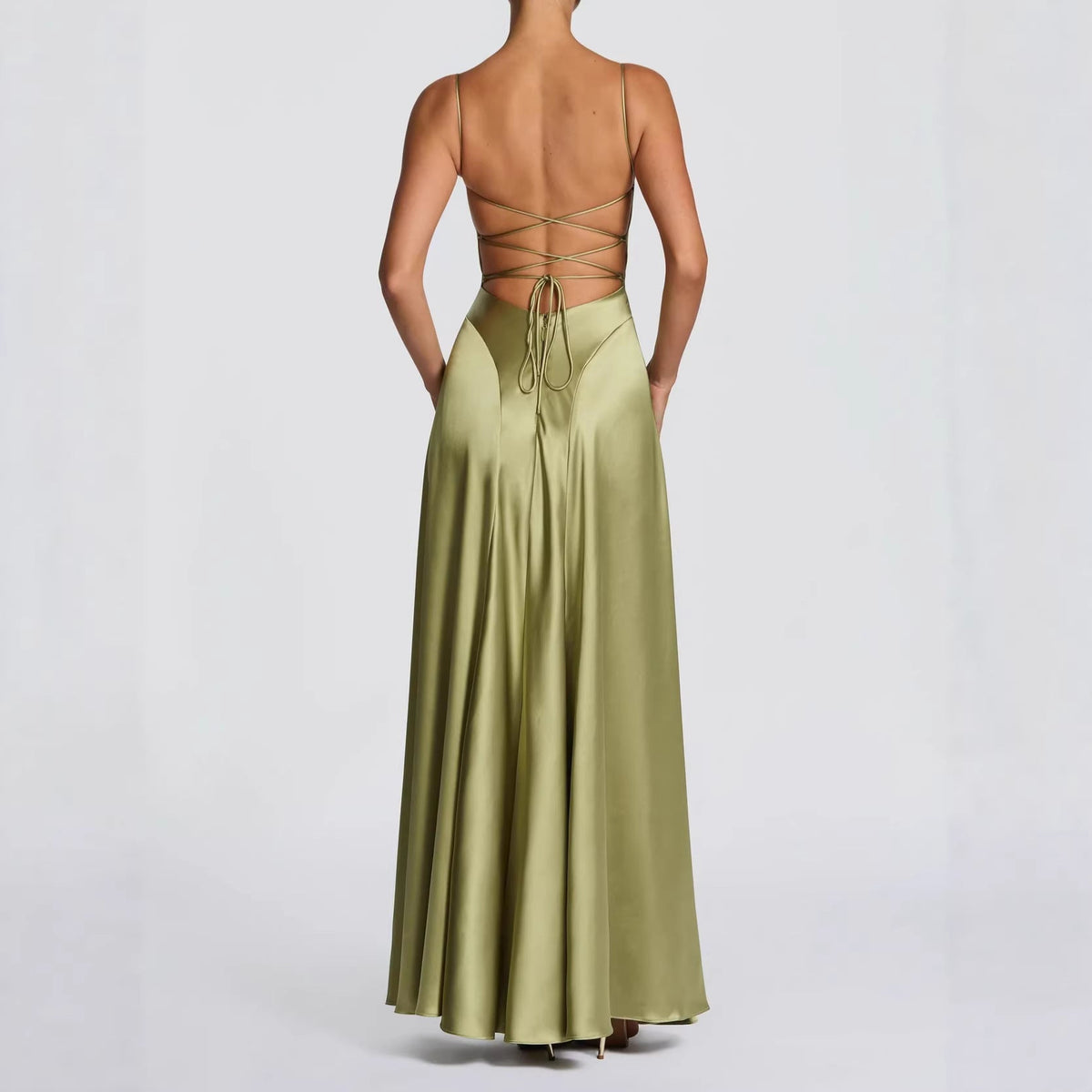 Women's Satin A-Line Maxi Dress with Cowl Neck and Lace-Up Back - Maisie London