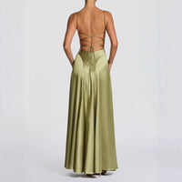 Women's Satin A-Line Maxi Dress with Cowl Neck and Lace-Up Back - Maisie London