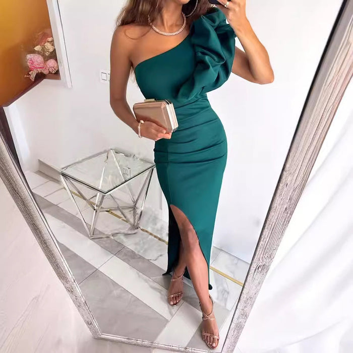 Women's Ruched One-Shoulder Maxi Dress with Ruffle and Split Hem - Maisie London