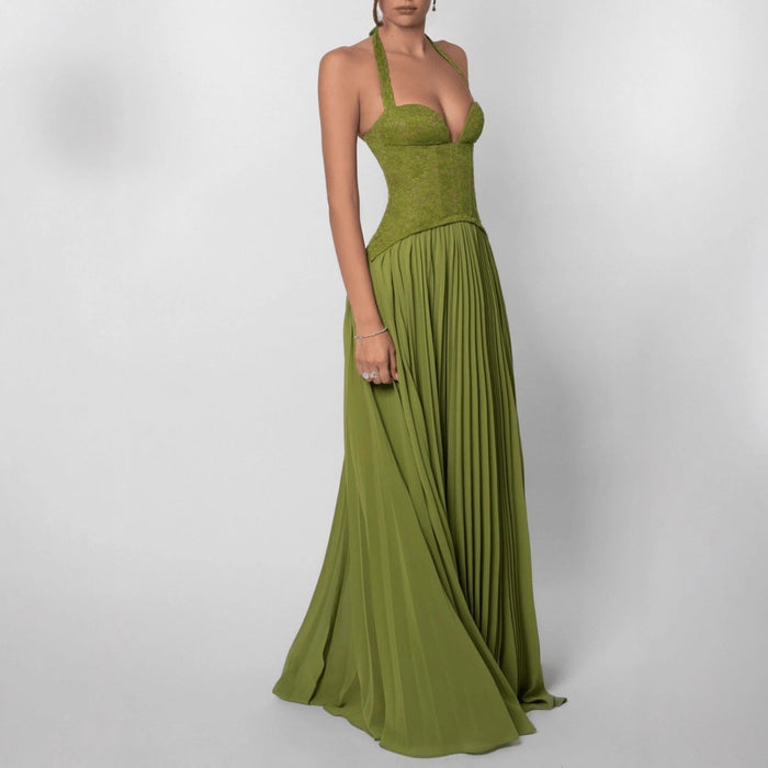 Women's Lace Halterneck Maxi Dress with Pleated Skirt and V-Neck - Maisie London