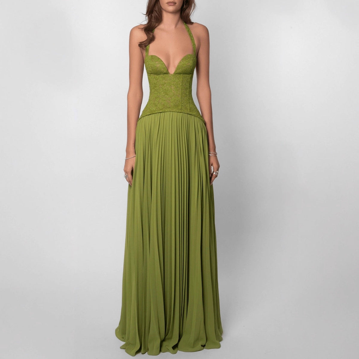 Women's Lace Halterneck Maxi Dress with Pleated Skirt and V-Neck - Maisie London