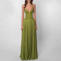 Women's Lace Halterneck Maxi Dress with Pleated Skirt and V-Neck - Maisie London