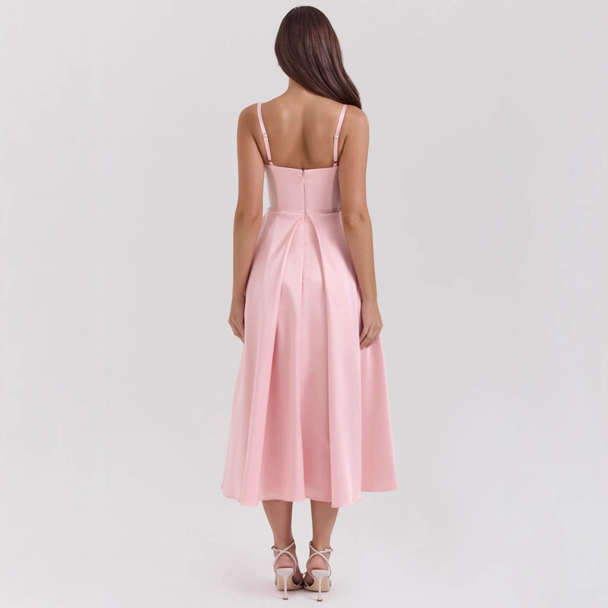 Women's Pink Satin Fit-and-Flare Midi Dress with Bow Straps - Maisie London