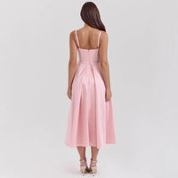 Women's Pink Satin Fit-and-Flare Midi Dress with Bow Straps - Maisie London