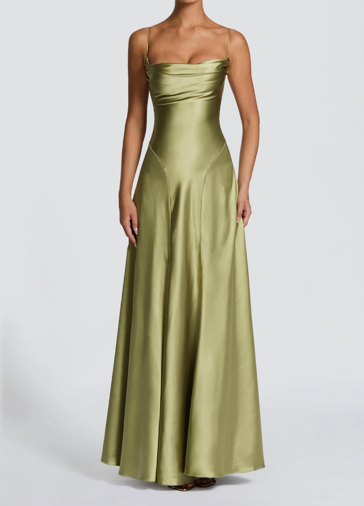 Women's Satin A-Line Maxi Dress with Cowl Neck and Lace-Up Back - Maisie London