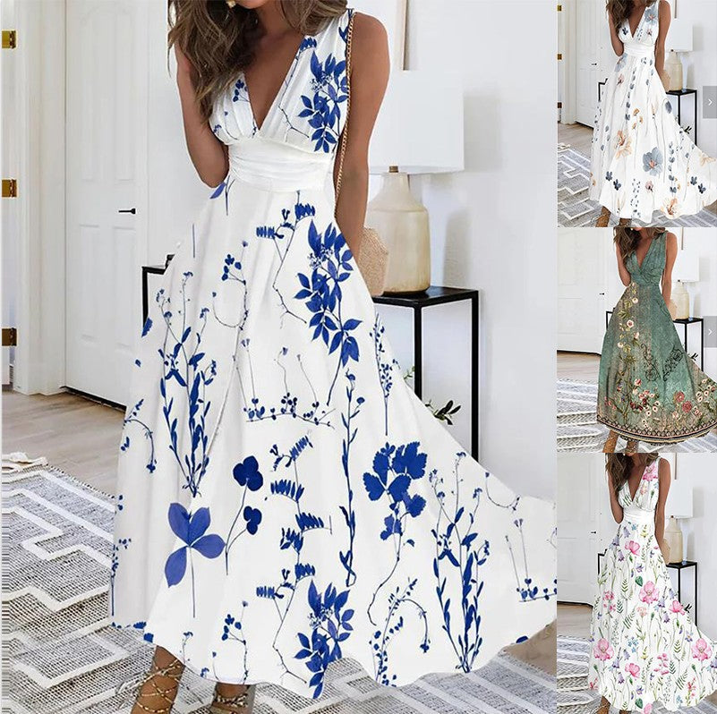Women's Floral A-Line Maxi Dress with V-Neck and Ruched Waist - Maisie London