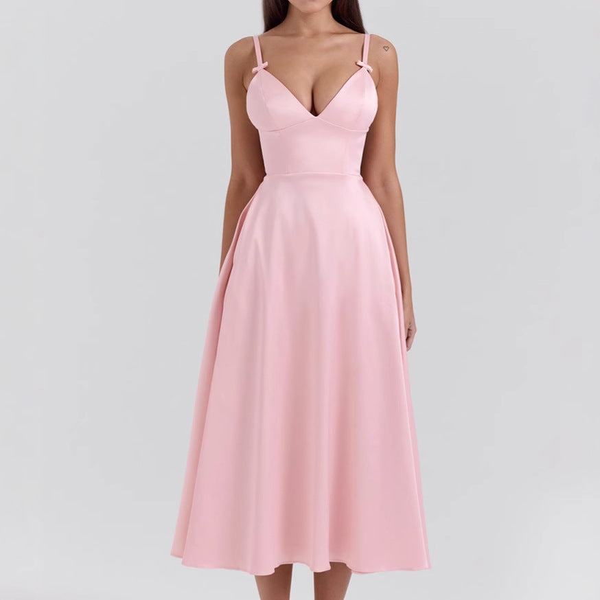 Women's Pink Satin Fit-and-Flare Midi Dress with Bow Straps - Maisie London