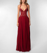 Women's Lace Halterneck Maxi Dress with Pleated Skirt and V-Neck - Maisie London