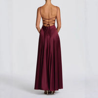 Women's Satin A-Line Maxi Dress with Cowl Neck and Lace-Up Back - Maisie London