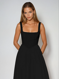 Women's Square-Neck A-Line Midi Dress with Pockets and Full Skirt - Maisie London