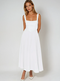 Women's Square-Neck A-Line Midi Dress with Pockets and Full Skirt - Maisie London