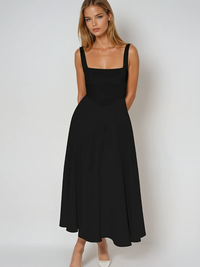 Women's Square-Neck A-Line Midi Dress with Pockets and Full Skirt - Maisie London